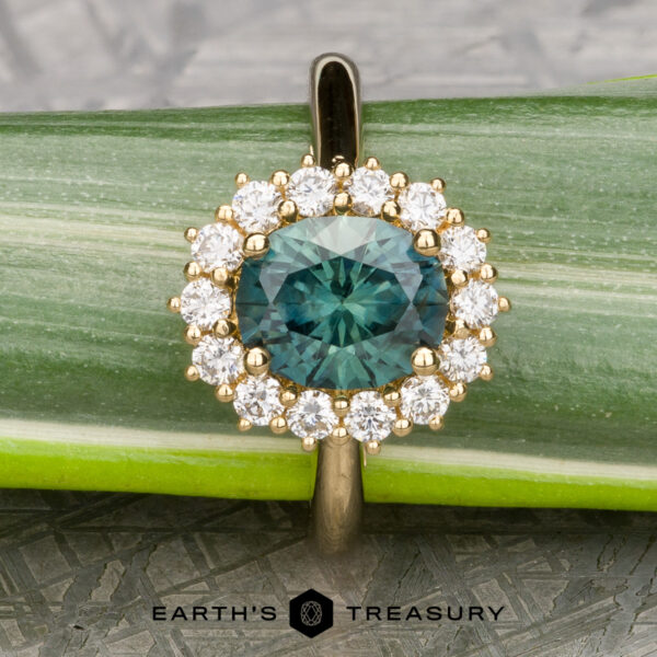 The "Cassandra" ring in 18k yellow gold with 1.79-carat Montana sapphire An 18k yellow gold "Cassandra" ring featuring a 1.79-carat Montana sapphire, encircled by clear diamonds, showcased on a green leaf with the "EARTH'S TREASURY" logo at the bottom.
