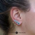 A size comparison between 4.0mm, 4.5mm, and 5.0mm size teal blue Montana sapphire halo earrings