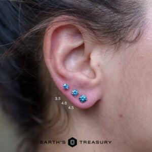 A size comparison between 3.5mm, 4.0mm, and 4.5mm size medium blue Montana sapphire earrings