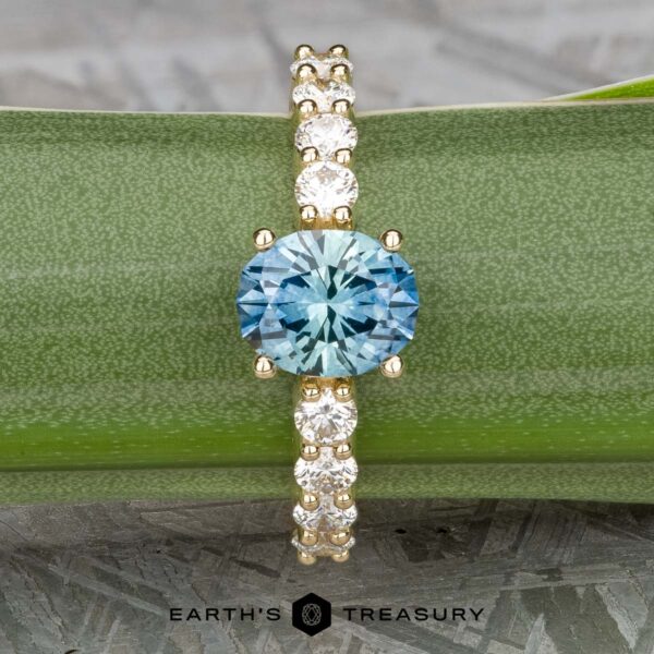 The "Juno" ring in 14k yellow gold with 1.54-carat Montana sapph The "Juno" ring, crafted in 14k yellow gold and featuring a 1.54-carat Montana sapphire, is elegantly displayed on a green leaf with its diamond-accented details.
