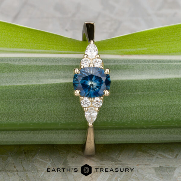 The "Arwyn" ring in 14K yellow gold with 0.95-carat Montana sapphire A 14K yellow gold "Arwyn" ring with a 0.95-carat Montana sapphire center, accented by clustered white diamonds, is displayed on a green leaf. "EARTH'S TREASURY" appears at the bottom.