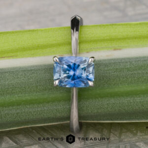 A platinum Cathedral "Lyra" ring featuring a 1.44-carat Montana sapphire is displayed on a green and white leaf, with the "Earth's Treasury" logo at the bottom.