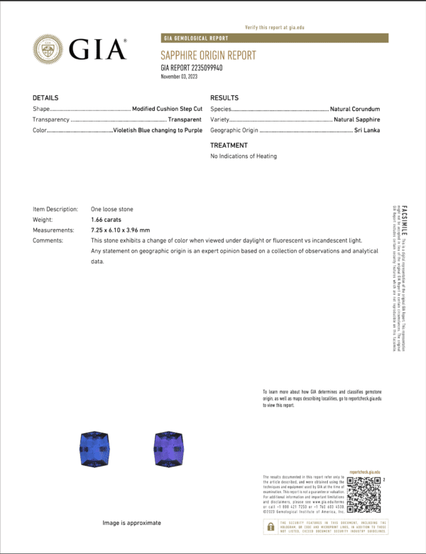 ET331K gia report A GIA Sapphire Origin Report for a 1.66-carat, natural corundum sapphire. The cushion step cut sapphire appears royal blue changing to purple, is from Ceylon (Sri Lanka), and shows no indications of heating. Report number: 2235997940.