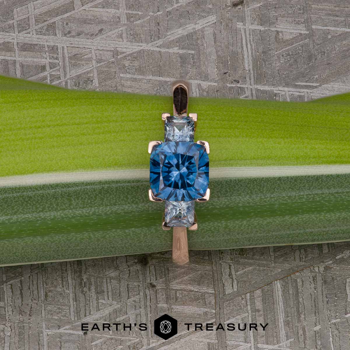 The M-Testimonial ring features a blue gemstone flanked by two smaller clear stones on a metal band, showcased against a green leaf background. The text at the bottom says "Earth's Treasury.