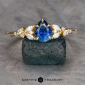 The Holly Ring: a 14k yellow gold cluster ring featuring a 1.00-carat Montana Sapphire and accent stones is displayed on rough, dark stone with "Earth's Treasury" below.