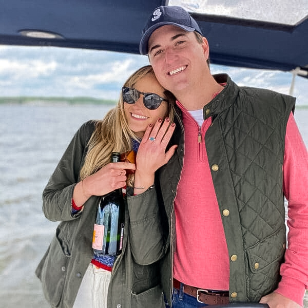 A photo from a customer review featuring a custom "Wisteria" ring in platinum with 5.2mm diamonds and a 3.51-Carat Montana Sapphire