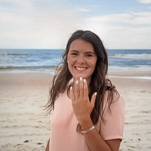 A photo from a customer review featuring a "Lyra" ring in Platinum with 2.64-Carat Montana Sapphire