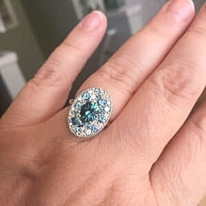 A photo from a customer review featuring a custom ring in 14k white gold with 1.45-Carat Montana Sapphire