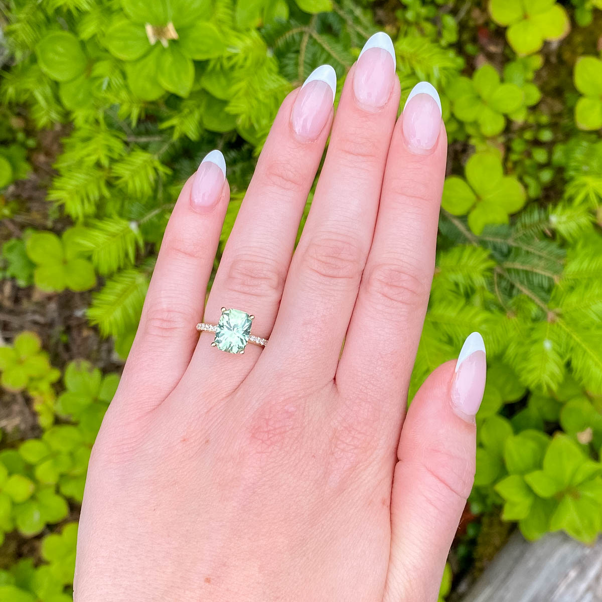 A photo from a customer review featuring a 14k yellow gold "Eugenie" ring with 3.70-Carat Montana Sapphire