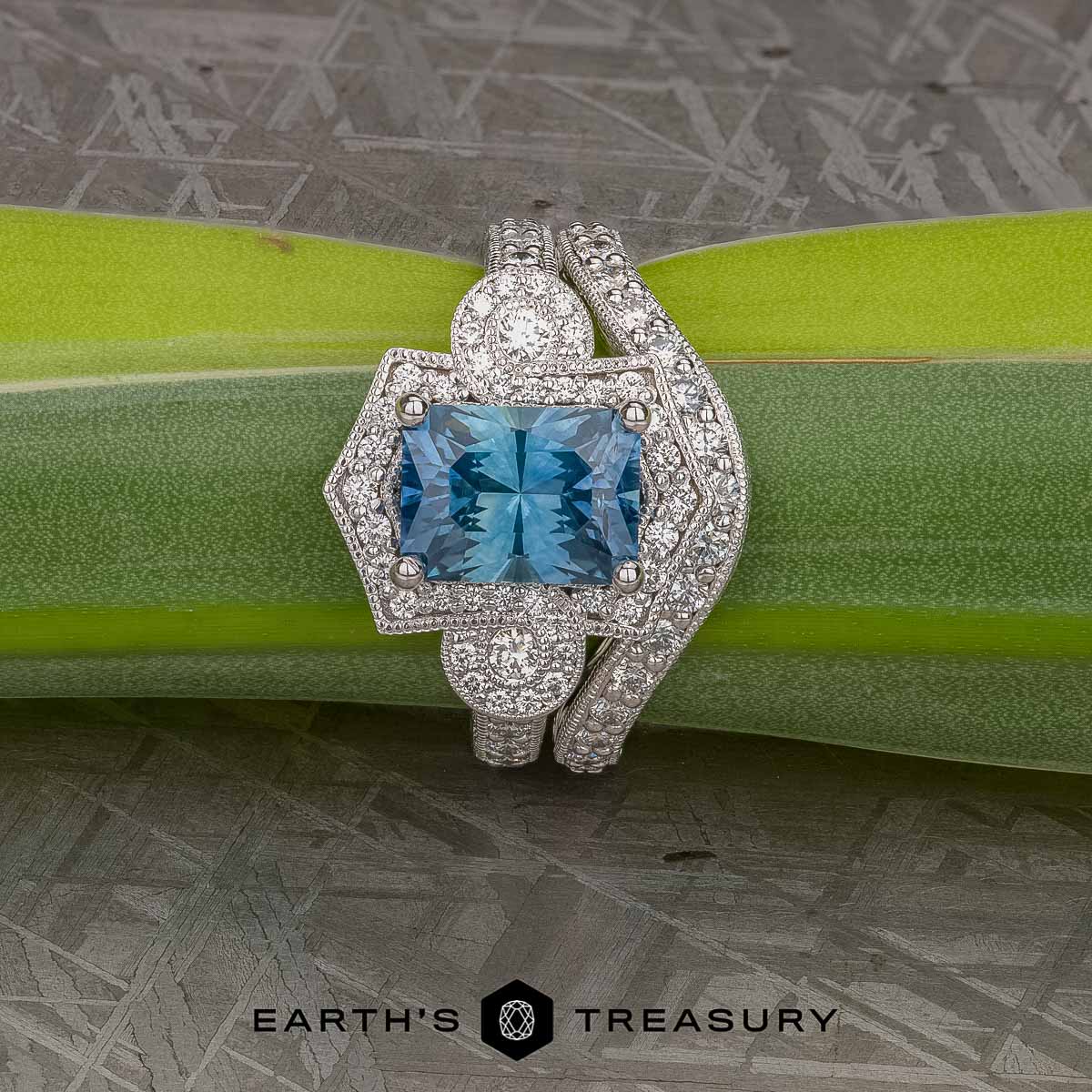 A custom ring set in 14k white gold featuring a 3.06-Carat Montana Sapphire