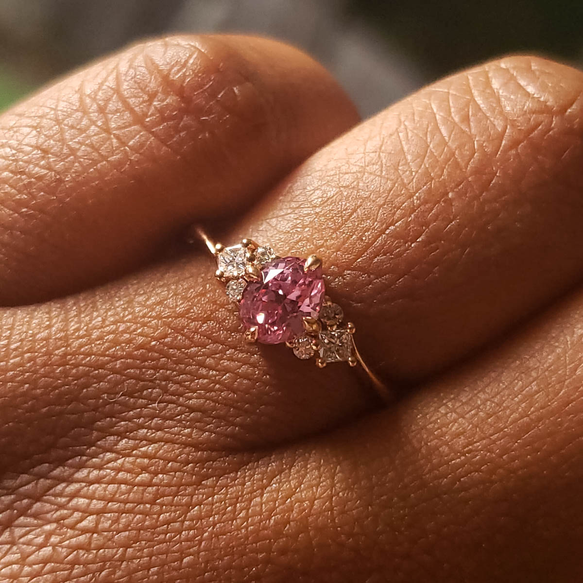 A photo from a customer review featuring a Bypass "Sappho" ring in 20k pink gold with 1.01-Carat Montana Sapphire