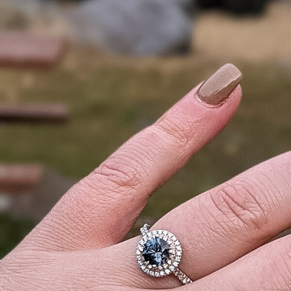 A photo from a customer review featuring a "Victoria" Ring in 14k rose and white gold with 1.05-Carat Montana Sapphire
