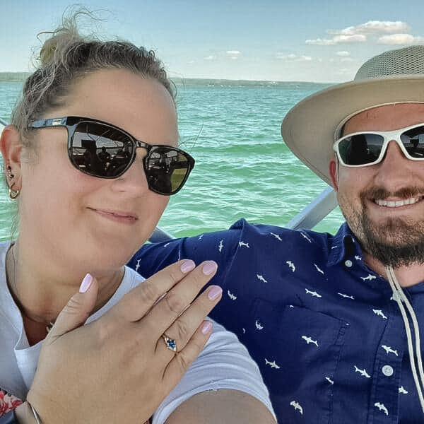 A photo from a customer review featuring a "Halley" ring in 14k yellow gold with 1.23-Carat Montana Sapphire