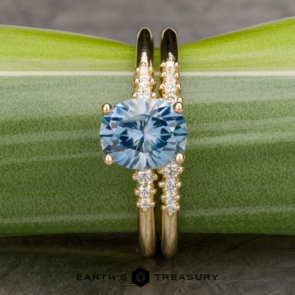 The "Paloma" ring in 14k yellow gold with 1.85-carat Montana sapphire, alongside the Paloma band in 14k yellow gold The "Paloma" ring in 14k yellow gold with 1.85-carat Montana sapphire, alongside the Paloma band in 14k yellow gold