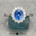 The "Vivian" ring in 18K white gold features a 1.59-carat Ceylon sapphire surrounded by sparkling stones, displayed on rough blue crystal with “Earth’s Treasury” text—a standout from the Vivian collection.
