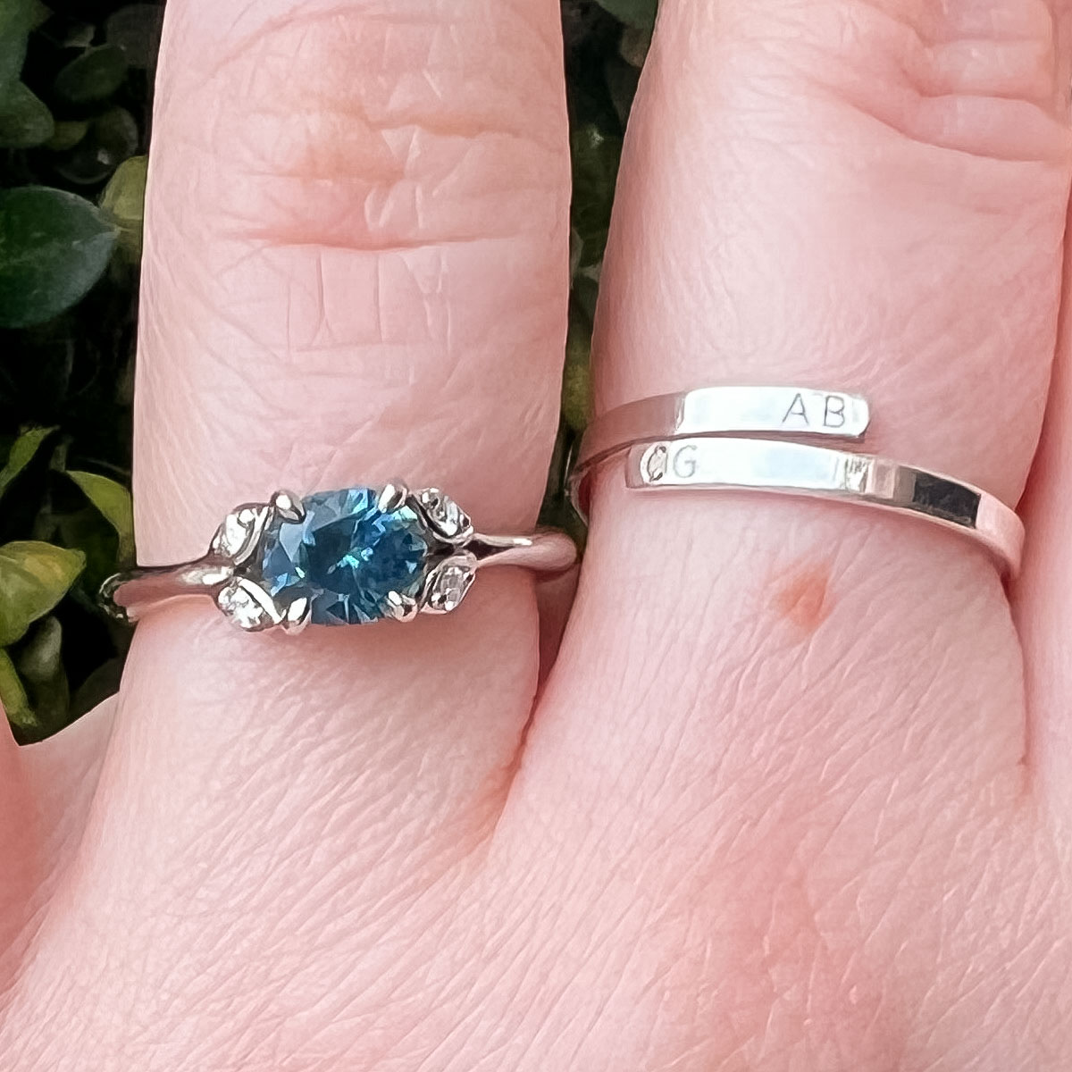 A photo from a customer review featuring the "Hazel" ring in platinum with 0.84-carat Montana sapphire