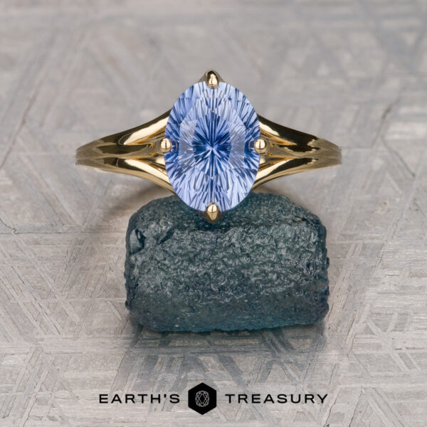 Goel, Dhruv A Goel, Dhruv solitaire gold ring with a blue, oval gemstone featuring a starburst pattern is shown on a rough stone. The "Earth's Treasury" logo is displayed at the bottom.