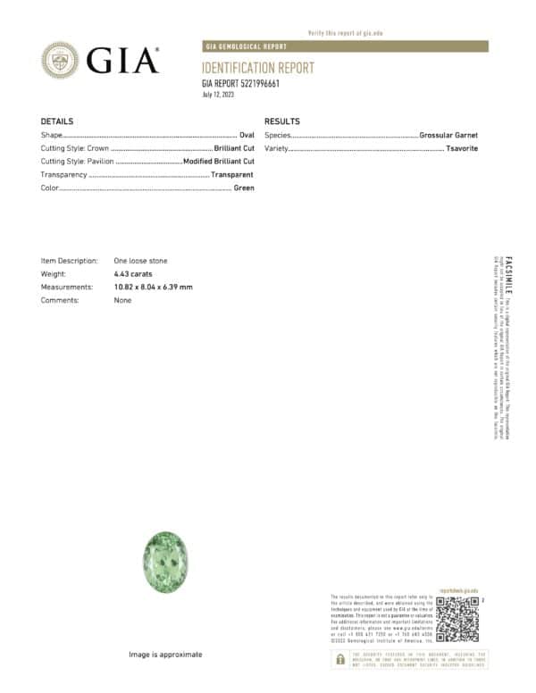 ET3369HHK-GIA5221996661 GIA Identification Report for a gemstone dated July 12, 2022. The gem is a green, transparent, modified brilliant cut, grossular garnet/tavorite. The 4.43-Carat Light Green Tsavorite Garnet weighs 4.43 carats and measures 10.82 x 8.06 x 6.39 mm. A green oval stone image is at the bottom.