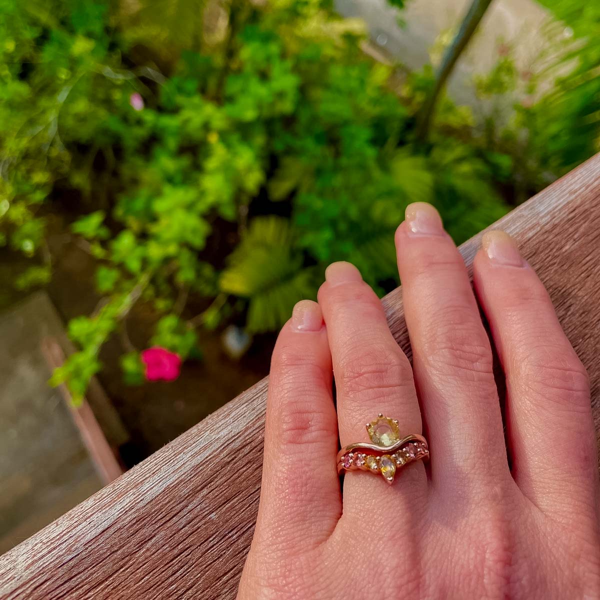 The "Ruenna" ring in 14K rose gold with 1.12-Carat Ceylon Sapphire alongside a custom sapphire "Merope" band in 14K rose gold