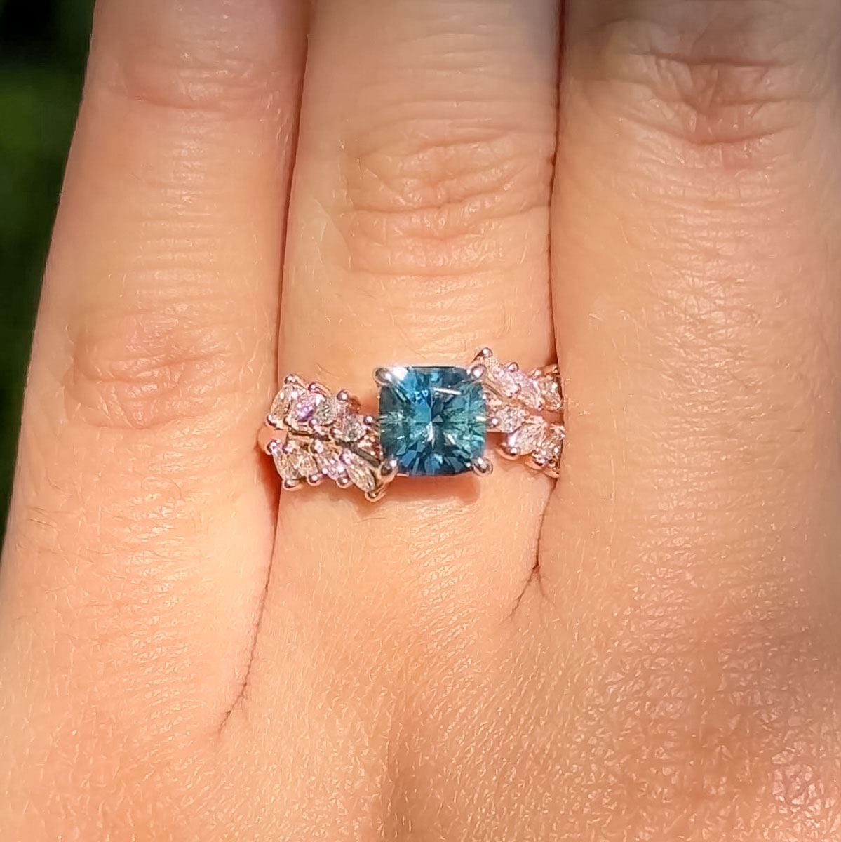 The "Fern" ring in 14K rose gold with a 1.55-carat Montana sapphire