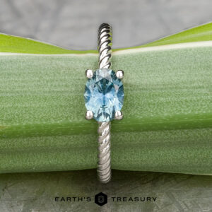 A platinum "Winnie" ring featuring a 0.95-carat Montana sapphire, beautifully set against a vibrant green leaf backdrop in a twisted design.