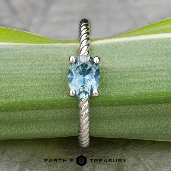 The "Winnie" ring in platinum with 0.95-carat Montana sapphire A platinum "Winnie" ring featuring a 0.95-carat Montana sapphire, beautifully set against a vibrant green leaf backdrop in a twisted design.
