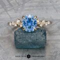The "Catarina" ring in 14k yellow gold, featuring a striking 1.64-carat Montana sapphire centerpiece surrounded by smaller clear stones, is showcased on a textured background in Primavera's intricate signature design.