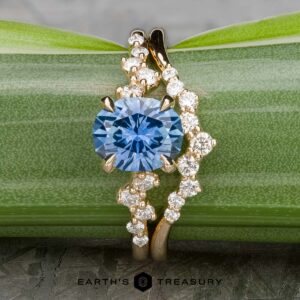 The "Catarina" ring, crafted in 14k yellow gold and featuring a 1.64-carat blue Montana center stone, is adorned with sparkling white diamonds around it, shining beautifully against a green backdrop.