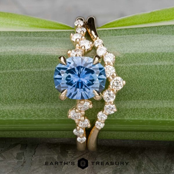 The "Catarina" ring in 14k yellow gold with 1.64-carat Montana sapphire, alongside the "Catarina" band in 14k yellow gold The "Catarina" ring, crafted in 14k yellow gold and featuring a 1.64-carat blue Montana center stone, is adorned with sparkling white diamonds around it, shining beautifully against a green backdrop.