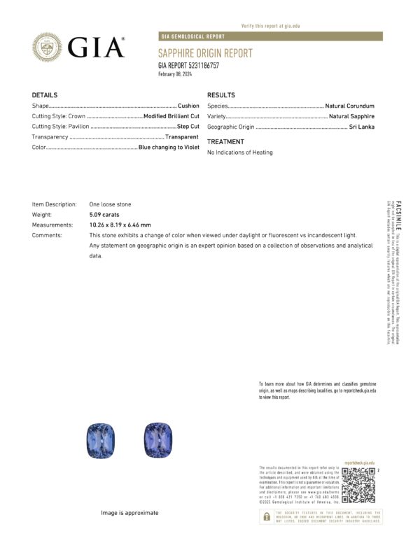 JV1218 GIA report 5.09-Carat Cornflower Blue Ceylon Sapphire: This cushion-shaped blue sapphire, featuring a step cut and transparent clarity, measures 10.26 x 8.19 x 6.46 mm and weighs 5.09 carats. Originating from Sri Lanka (Ceylon), it shows no indications of heating and includes an image with an approximate color depiction in the GIA Origin Report.
