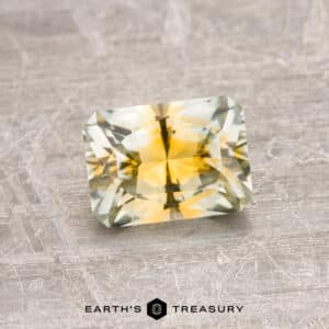A 1.41-carat Yellow-Gold Particolored Montana Sapphire, featuring a radiant cut, rests on a textured surface. The gemstone displays an exquisite blend of yellow and green hues and is expertly faceted to catch the light. At the bottom of the image, the text "EARTH'S TREASURY" appears alongside a hexagonal logo.