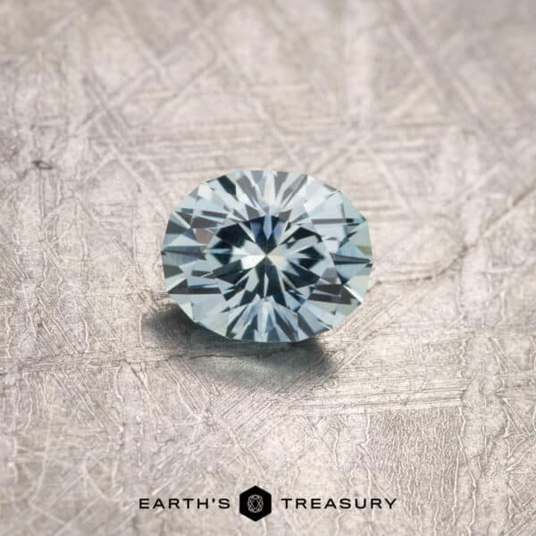 1.20-Carat Montana Sapphire (Heated) A sparkling round-cut 1.20-carat light aqua blue Montana sapphire with precise facets sits on a textured gray surface. Below the gemstone, "EARTH'S TREASURY" is written in black text, accompanied by a small geometric logo.