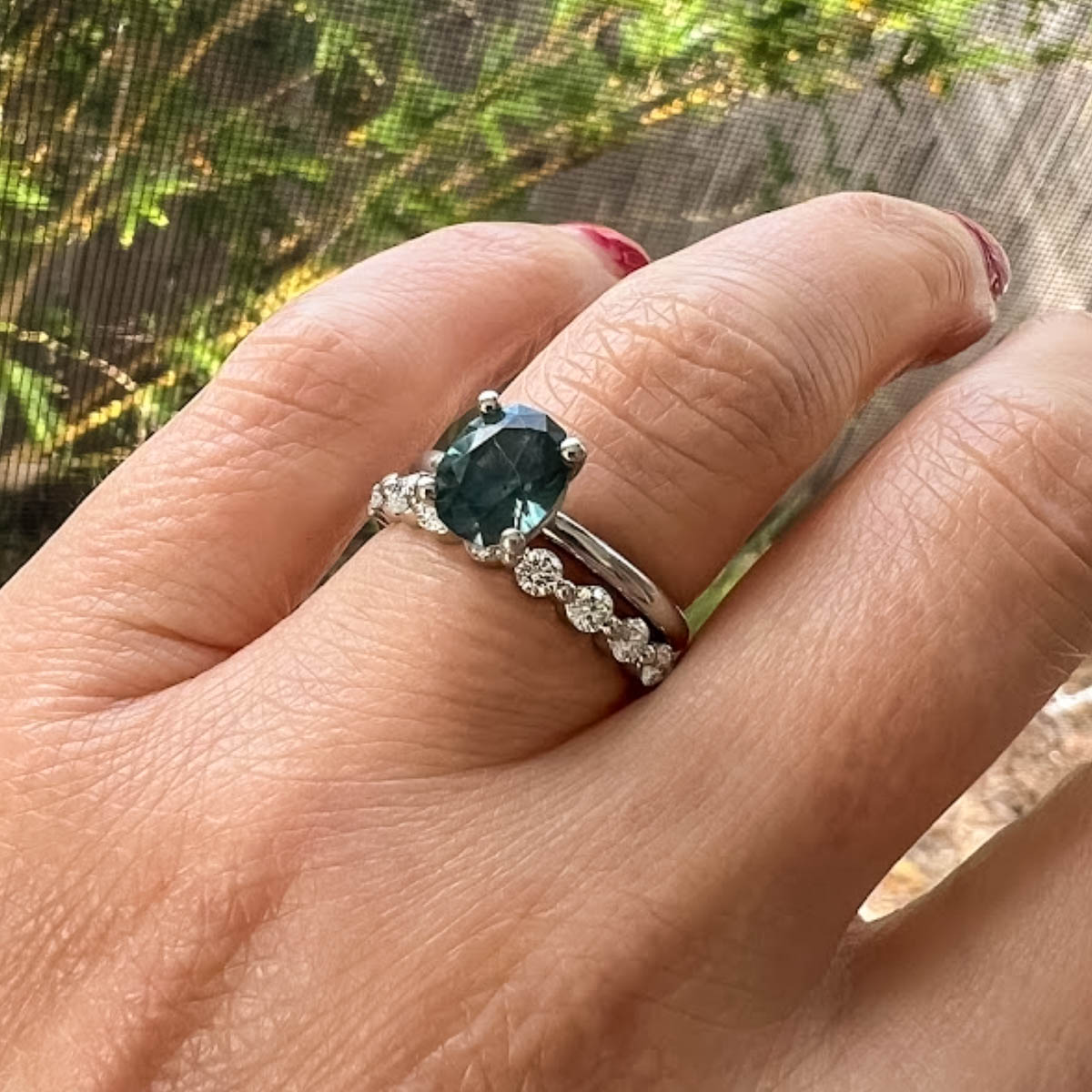 A custom ring in platinum with a 2.10-Carat Montana Sapphire