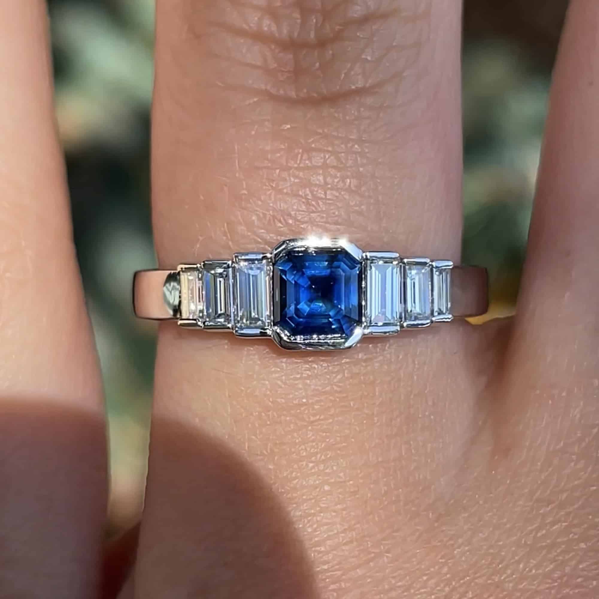 A custom ring in platinum with a 0.60-carat Montana sapphire