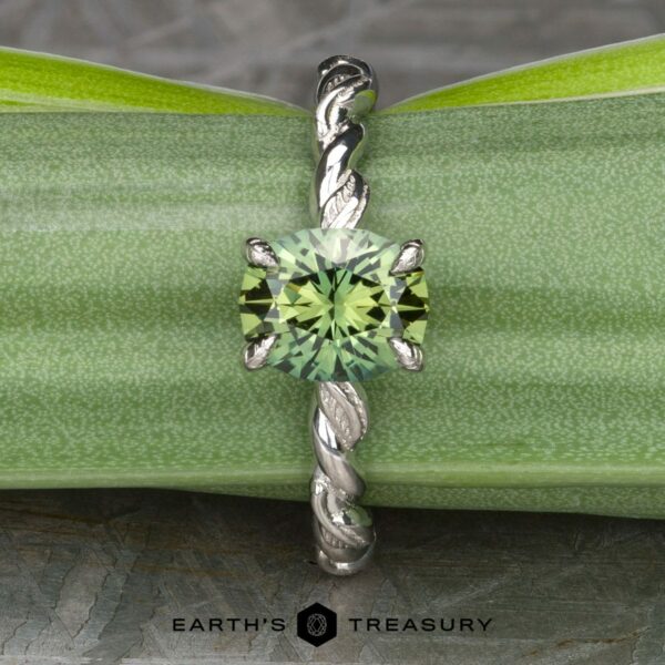 The Olea ring in platinum with 1.56-carat Australian sapphire Displayed is "The 'Olea' Hidden Halo Solitaire," a stunning silver ring with an intricate, twisted band and a round, green gem at its center. The backdrop is filled with lush green leaves, and the text "EARTH'S TREASURY" is prominently featured at the bottom of the image.