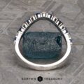 The "Champlain" Band is an elegant silver ring adorned with a series of blue gemstones embedded along the top, displayed upright on a textured surface with a greenish-blue stone placed behind it. The bottom portion of the ring displays the words "EARTH'S TREASURY.