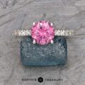 Introducing The Classic Pave "Blumia" Ring, a stunning piece featuring a vibrant pink gemstone set in a silver band adorned with small sparkling diamonds. Displayed on a textured blue stone, this exquisite ring is showcased with the logo "Earth's Treasury" beneath it.