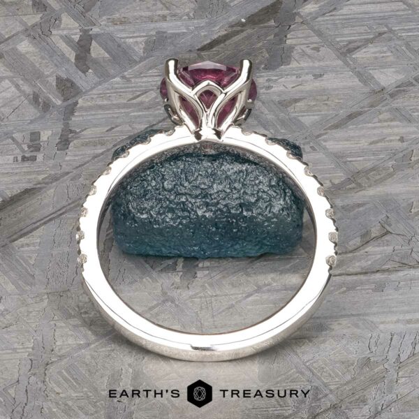 The classic Blumia ring in 18k white gold with 1.72-carat Montana sapphire The Classic Pave "Blumia" Ring features a stunning large pink gemstone set in a silver band, which is adorned with small, sparkling diamonds. It is displayed upright against a textured background, with the text "Earth's Treasury" visible at the bottom center.