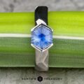 A close-up of "The Ezra Ring" showcasing its silver band and blue hexagon-shaped gemstone with intricate facets. The ring is placed on a green background, with the text "EARTH'S TREASURY" visible at the bottom of the image.