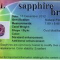A color certificate from AGL for a 1.71-carat light pink Ceylon sapphire, dated December 13, 2012, includes details such as measurements (7.80 x 5.69 x 4.53 mm), shape/style (oval modified step cut), color (light pink), and enhancements (heat).