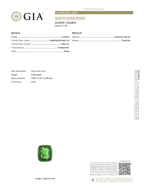 JM1126W GIA report GIA report for JM1126W on a 5.02-carat cushion-shaped, step-cut green Grossular Garnet, known for its exceptional quality and vibrant color, often likened to a brilliant 0.91-carat Tsavorite Garnet, includes an approximate image of the gemstone.