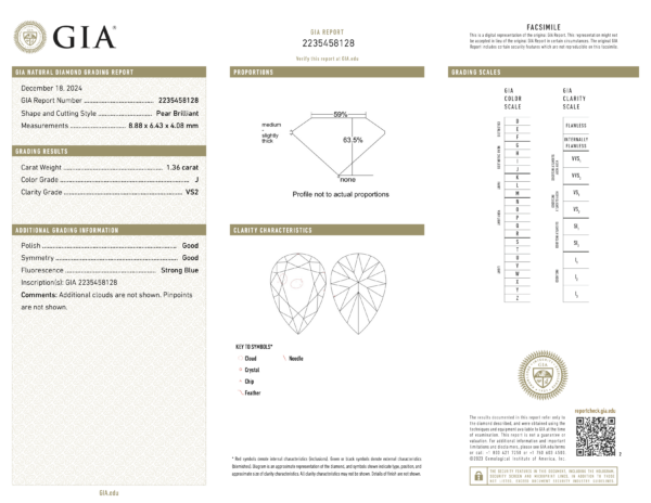 JM1127W GIA report The JM1127W GIA report details a 1.36-carat pear-shaped diamond, color G, clarity VS2, with a proportions diagram and grading scales. Discover it paired with a Tsavorite Garnet for unmatched elegance.