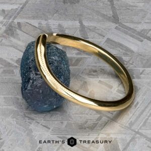A gold band, known as the "Narcissus" Band in 18k yellow gold, rests against a rough blue gemstone on a textured surface, evoking imagery reminiscent of an album cover. The phrase "Earth's Treasury" is elegantly visible at the bottom.