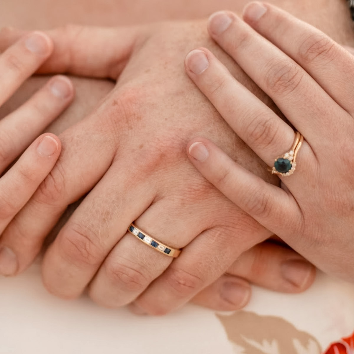 The "Mari" ring in 18K yellow gold with 1.76-Carat Montana Sapphire, the "Electra" band in 18K yellow gold, and the "Caspian" ring in 18K yellow gold