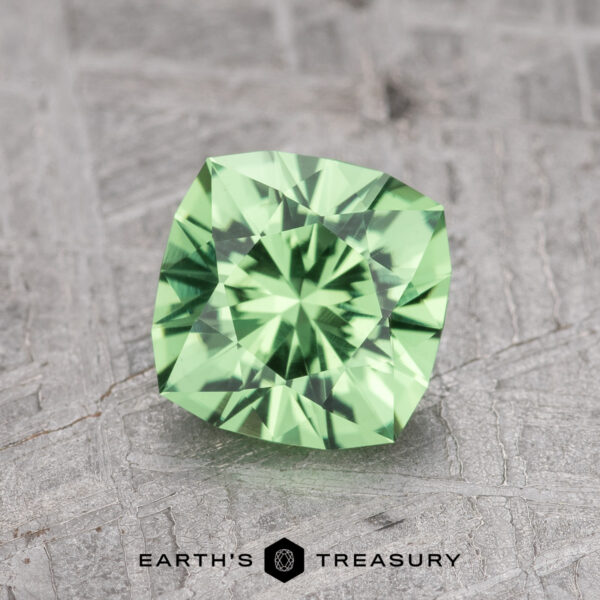 A 1.43-carat Tsavorite Garnet gemstone with a faceted cut displayed on a textured gray surface, accompanied by the text "Earth's Treasury" underneath.