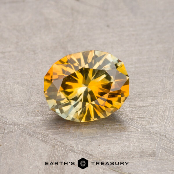 0.90-Carat Montana Sapphire (Heated) A 0.90-carat faceted, round sapphire in a rich yellow hue rests on a textured gray surface, with "Earth's Treasury" displayed below.
