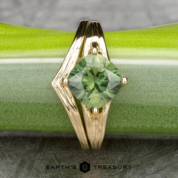 The "Alora" ring in 14k yellow gold with 1.93-carat Australian sapphire, alongside the "Alora" band in 14k yellow gold The "Alora" ring, crafted in 14k yellow gold and adorned with a 1.93-carat Australian gemstone, rests on a green and silver textured surface, reminiscent of the vibrant harmony created by the notes of an Alora Band melody.
