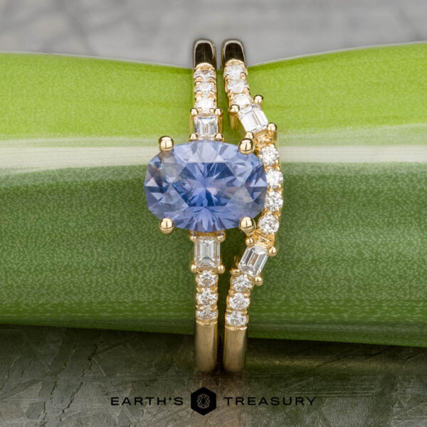 The "Fiona" ring in 18k yellow gold with 1.80-carat Umba sapphire, alongside the "Fiona" band in 18k yellow gold The "Fiona" ring, crafted in 18k yellow gold and featuring a stunning 1.80-carat Umba sapphire, is beautifully presented on a light green textured background, complemented by dainty round and rectangular clear stones.