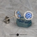 Displayed on a textured gray surface is a pair of stunning earrings known as "Stacked from 15 images. Method=B (R=1,S=3)," featuring heated blue sapphires, each encircled by a halo of small clear stones.