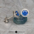 A stunning set of halo earrings, crafted with blue sapphires encircled by dazzling diamonds, is showcased on a textured surface, with "Stacked from 16 images. Method=B (R=1,S=3)" elegantly inscribed at the bottom.